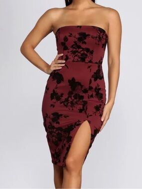 Strapless Dark Red Floral Dress with Thigh Slit